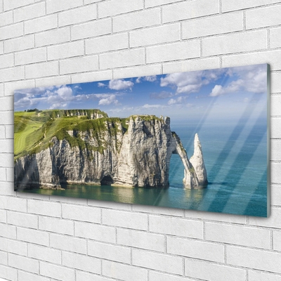 Glass Wall Art Rock sea landscape green grey blue