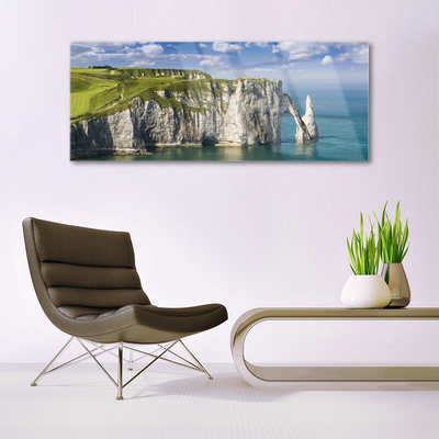 Glass Wall Art Rock sea landscape green grey blue