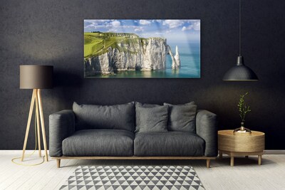 Glass Wall Art Rock sea landscape green grey blue