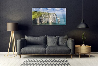 Glass Wall Art Rock sea landscape green grey blue