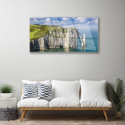 Glass Wall Art Rock sea landscape green grey blue