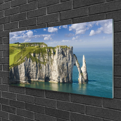 Glass Wall Art Rock sea landscape green grey blue