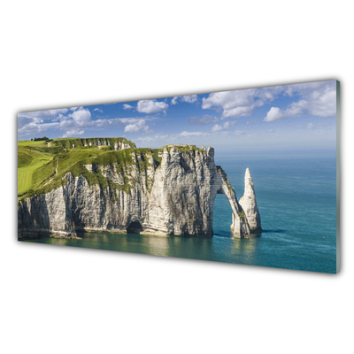 Glass Wall Art Rock sea landscape green grey blue