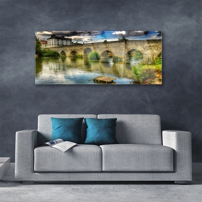 Glass Wall Art Lake bridge architecture brown green