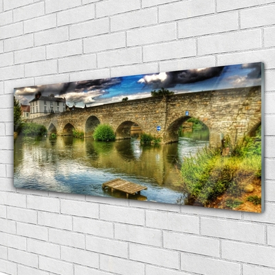 Glass Wall Art Lake bridge architecture brown green