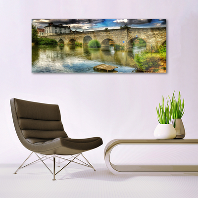 Glass Wall Art Lake bridge architecture brown green