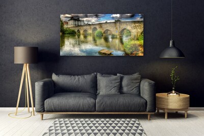 Glass Wall Art Lake bridge architecture brown green