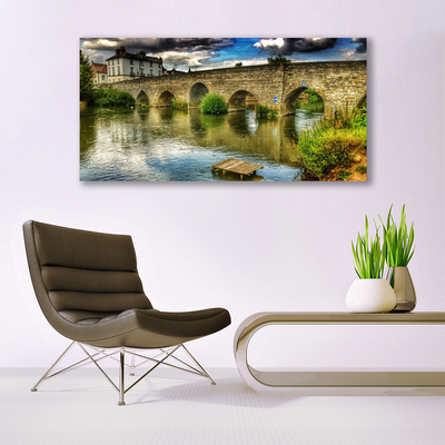 Glass Wall Art Lake bridge architecture brown green