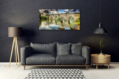 Glass Wall Art Lake bridge architecture brown green