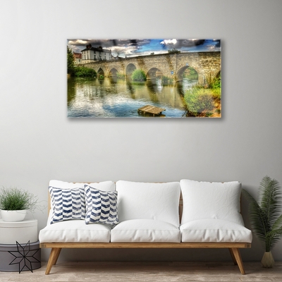 Glass Wall Art Lake bridge architecture brown green