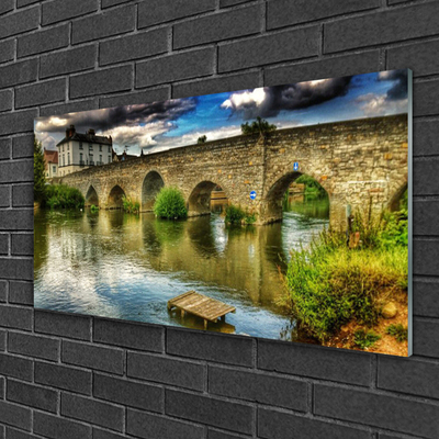 Glass Wall Art Lake bridge architecture brown green