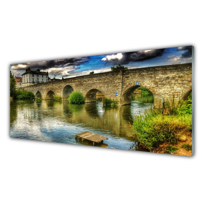 Glass Wall Art Lake bridge architecture brown green