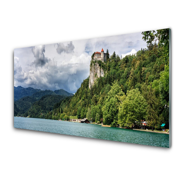 Glass Wall Art Mountain forest lake nature green blue