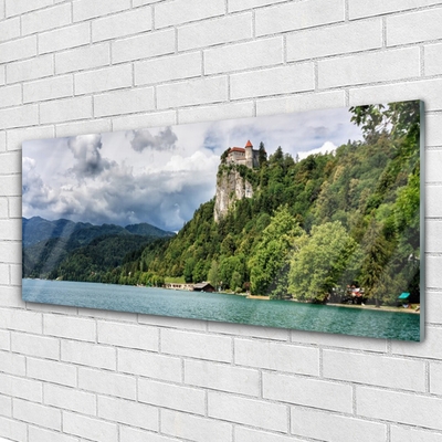 Glass Wall Art Mountain forest lake nature green blue