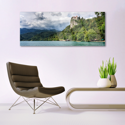 Glass Wall Art Mountain forest lake nature green blue