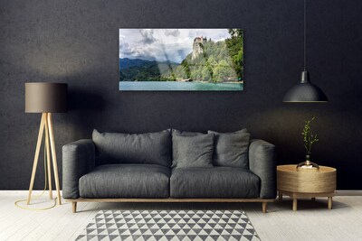 Glass Wall Art Mountain forest lake nature green blue