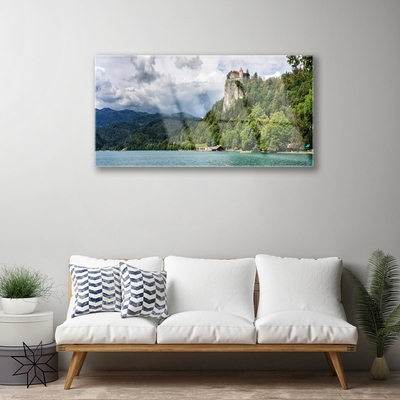 Glass Wall Art Mountain forest lake nature green blue