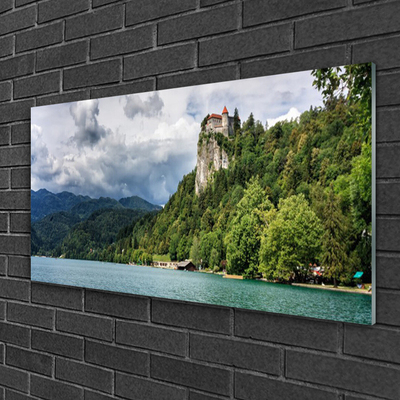 Glass Wall Art Mountain forest lake nature green blue