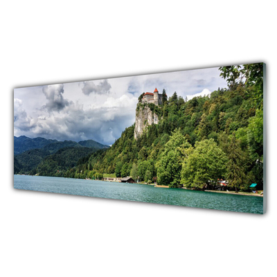 Glass Wall Art Mountain forest lake nature green blue