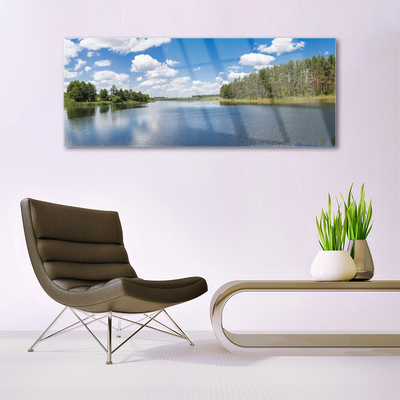 Glass Wall Art Forest lake landscape green blue