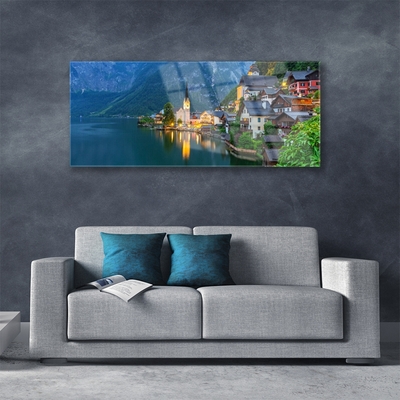 Glass Wall Art City sea landscape blue yellow grey white