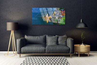 Glass Wall Art City sea landscape blue yellow grey white