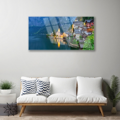 Glass Wall Art City sea landscape blue yellow grey white