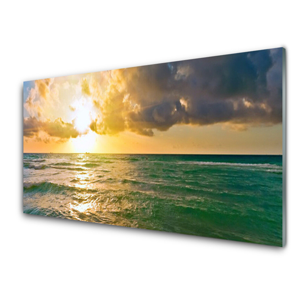 Glass Wall Art Sun sea landscape yellow green