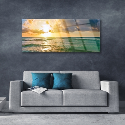 Glass Wall Art Sun sea landscape yellow green