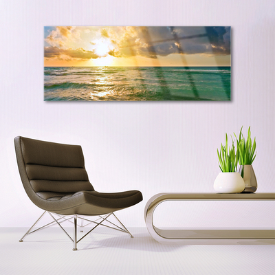 Glass Wall Art Sun sea landscape yellow green