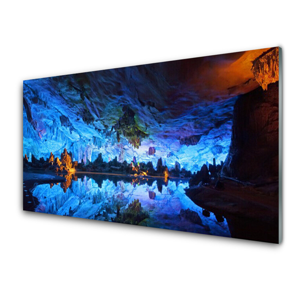 Glass Wall Art Mountain lake landscape blue yellow