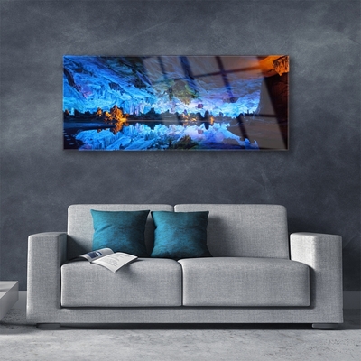 Glass Wall Art Mountain lake landscape blue yellow