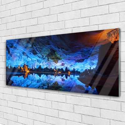 Glass Wall Art Mountain lake landscape blue yellow