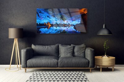 Glass Wall Art Mountain lake landscape blue yellow