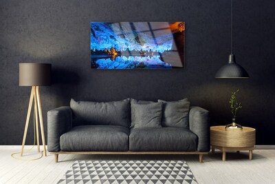 Glass Wall Art Mountain lake landscape blue yellow