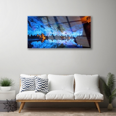 Glass Wall Art Mountain lake landscape blue yellow