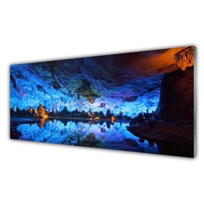 Glass Wall Art Mountain lake landscape blue yellow