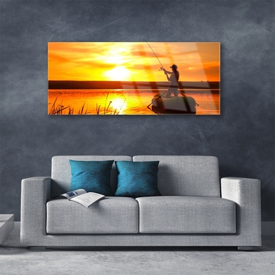 Glass Wall Art Sun sea fisherman landscape yellow