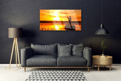 Glass Wall Art Sun sea fisherman landscape yellow