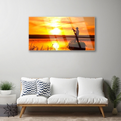 Glass Wall Art Sun sea fisherman landscape yellow