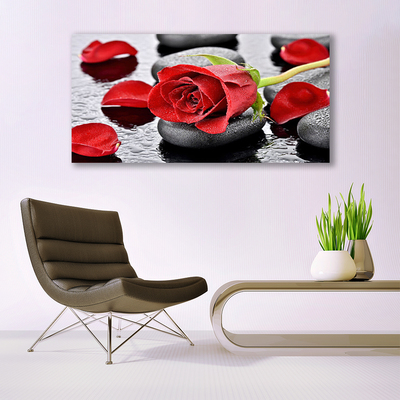 Glass Wall Art Rose stones floral red grey
