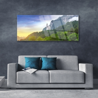 Glass Wall Art Forest mountains landscape green grey