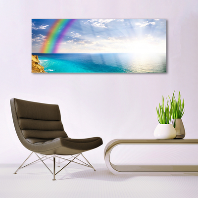 Glass Wall Art Rainbow sun sea landscape multi