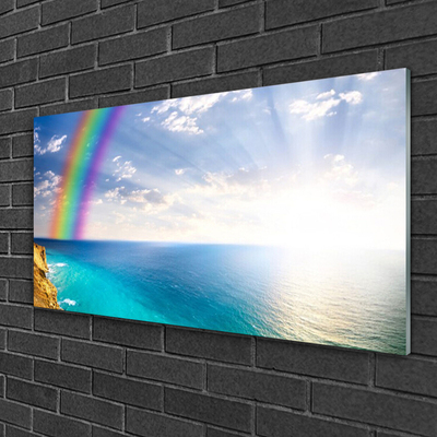 Glass Wall Art Rainbow sun sea landscape multi