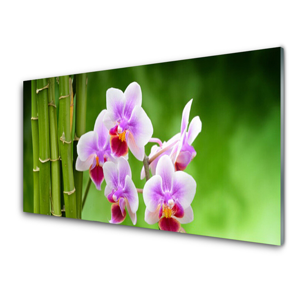 Glass Wall Art Bamboo tube flowers floral green pink