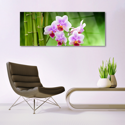 Glass Wall Art Bamboo tube flowers floral green pink