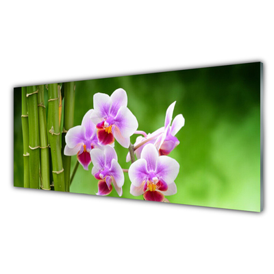 Glass Wall Art Bamboo tube flowers floral green pink