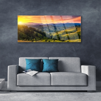 Glass Wall Art Sun mountain forest meadow nature yellow blue green