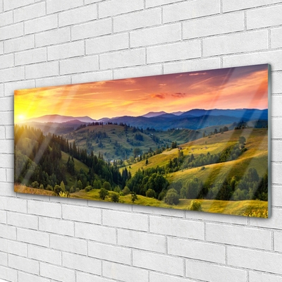 Glass Wall Art Sun mountain forest meadow nature yellow blue green