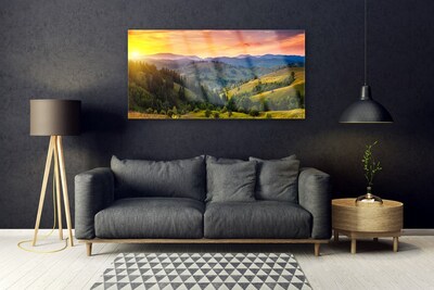 Glass Wall Art Sun mountain forest meadow nature yellow blue green